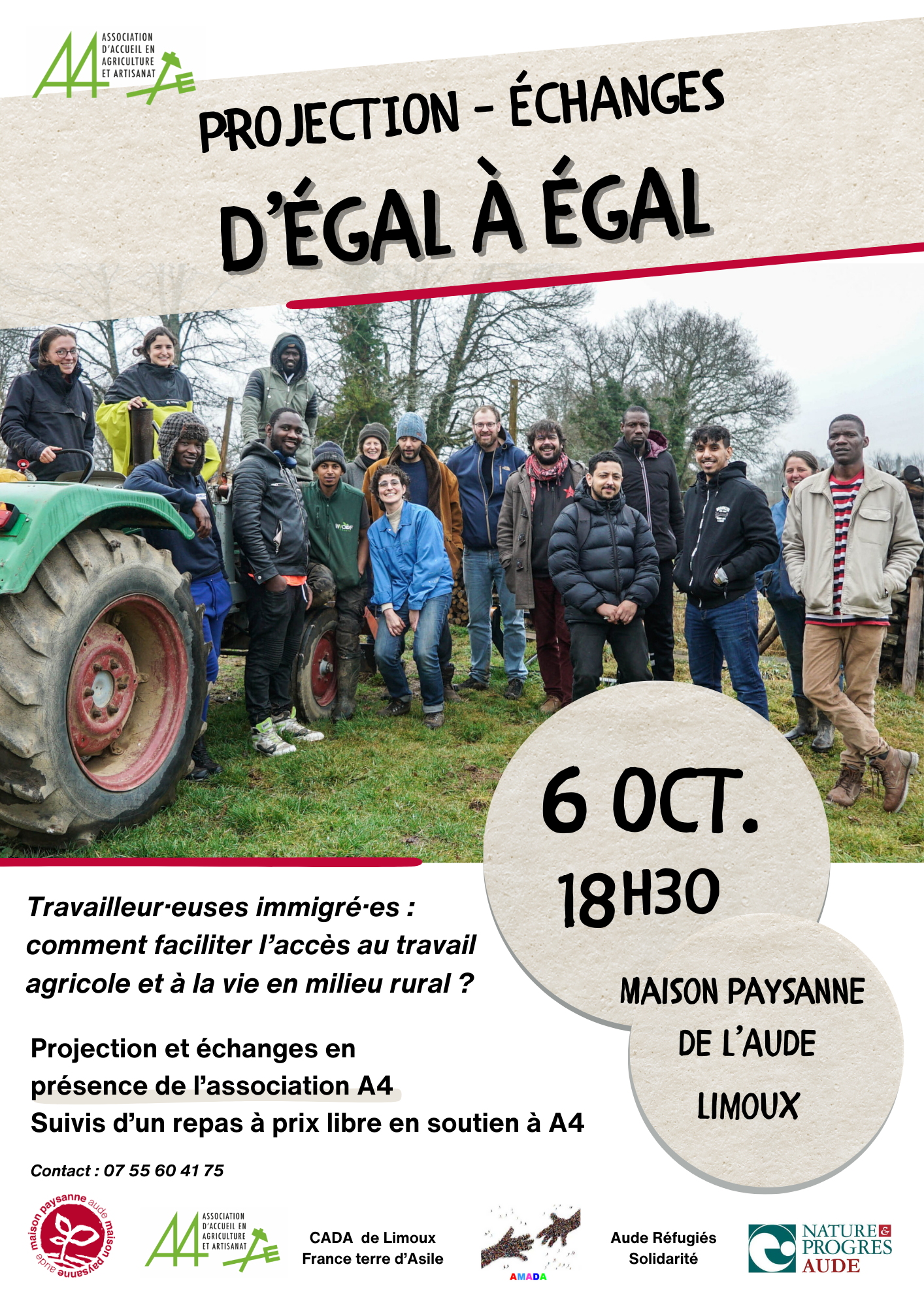 Projection échange sur le documentaire "d'égal à égal" par l'association A4 le 6 octobre à la Maison Paysanne de l'Aude, Limoux